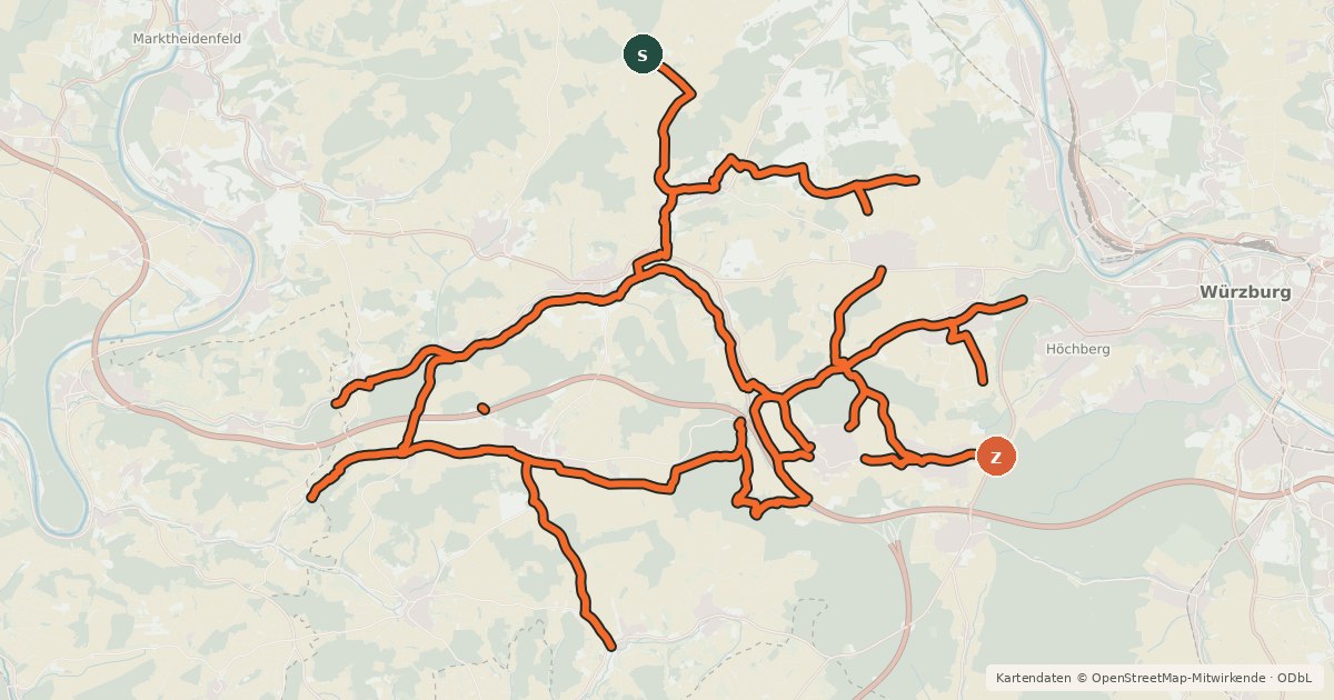 Kartenübersicht der Radroute Radwegenetz Landkreis Würzburg West