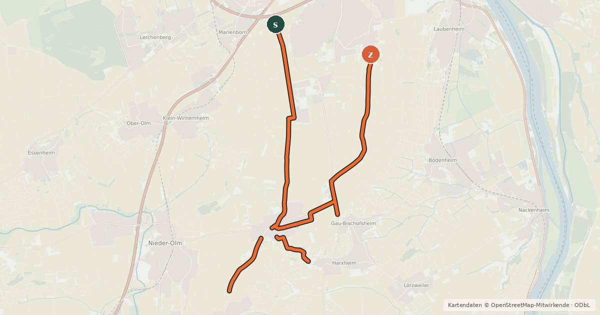 Kartenübersicht der Radroute Radwegnetz Mainz-Ebersheim