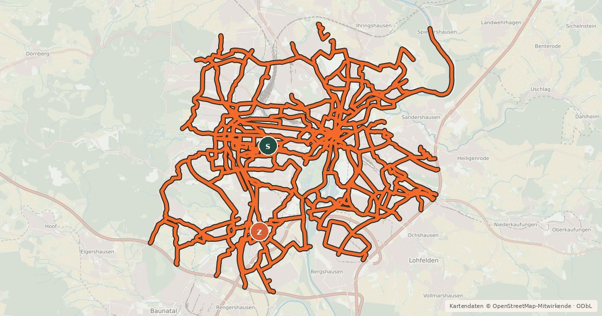 Kartenübersicht der Radroute Radwegweisungsnetz Stadt Kassel