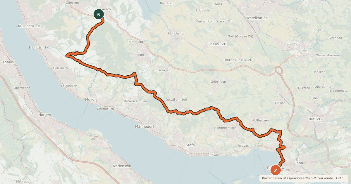 Kartenübersicht der Radroute Rapperswil - Forch