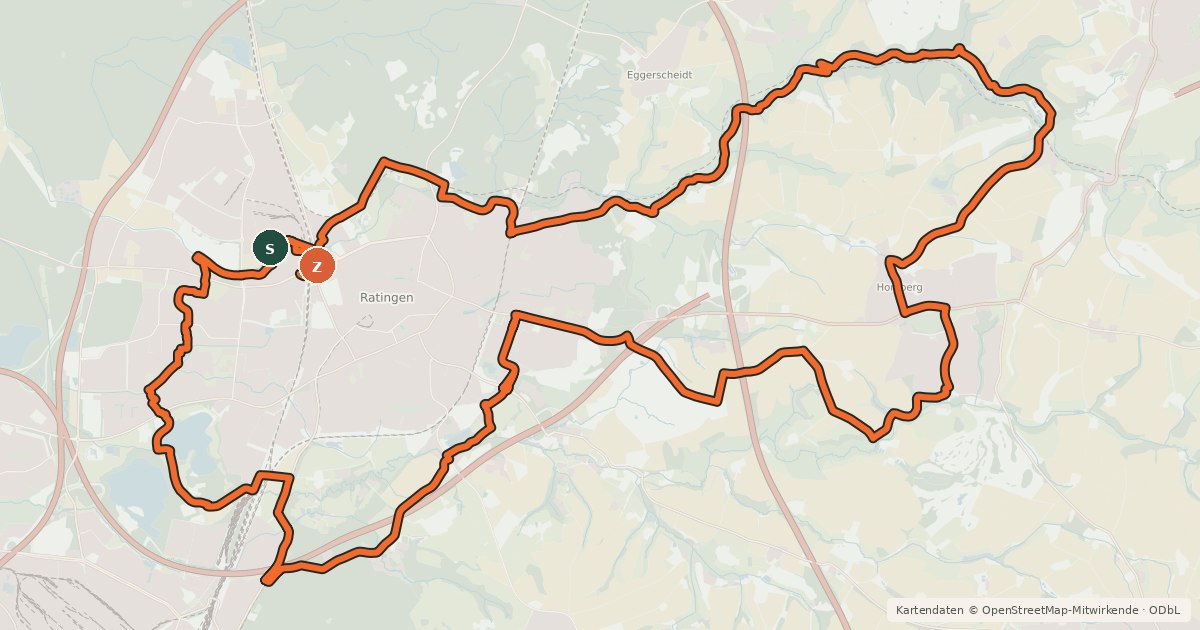 Kartenübersicht der Radroute Ratinger Radrundwanderweg
