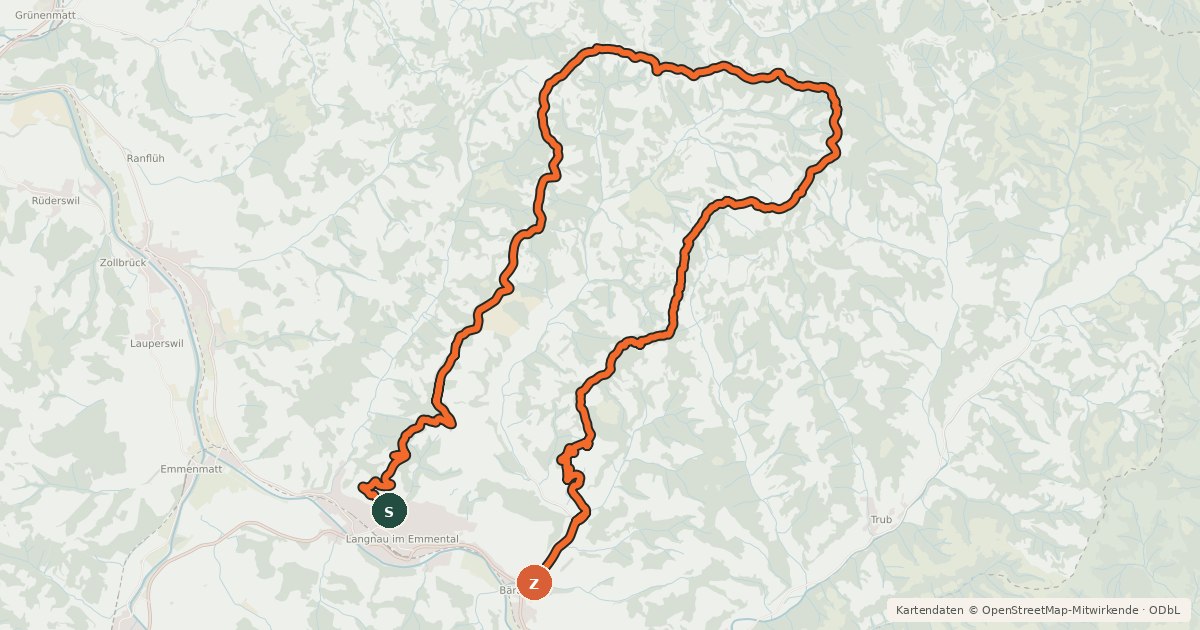 Kartenübersicht der Radroute rcn Langnau-Lüderen-Wolfis-Bärau