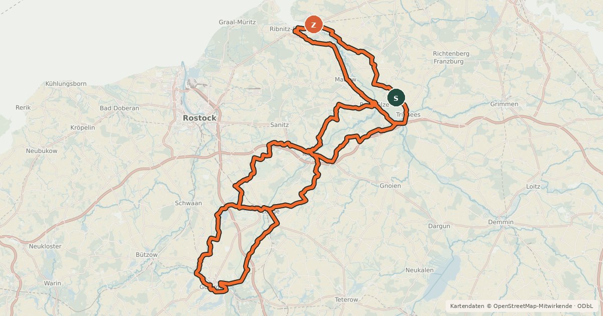 Kartenübersicht der Radroute Recknitztal-Rundweg
