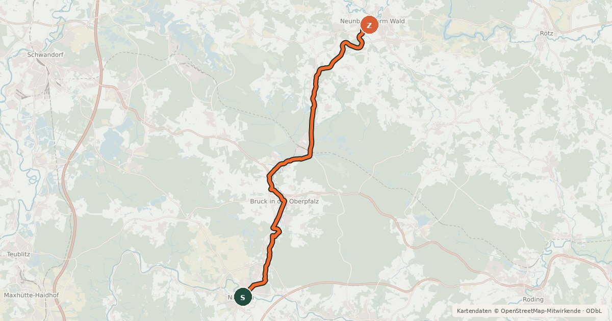 Kartenübersicht der Radroute Regen-Schwarzach-Radweg