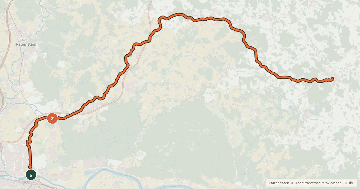 Kartenübersicht der Radroute Regensburg-Falkenstein-Radweg