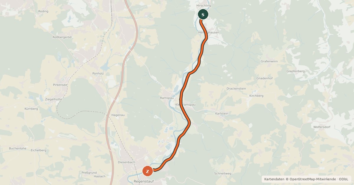 Kartenübersicht der Radroute Regenstauf-Hirschling