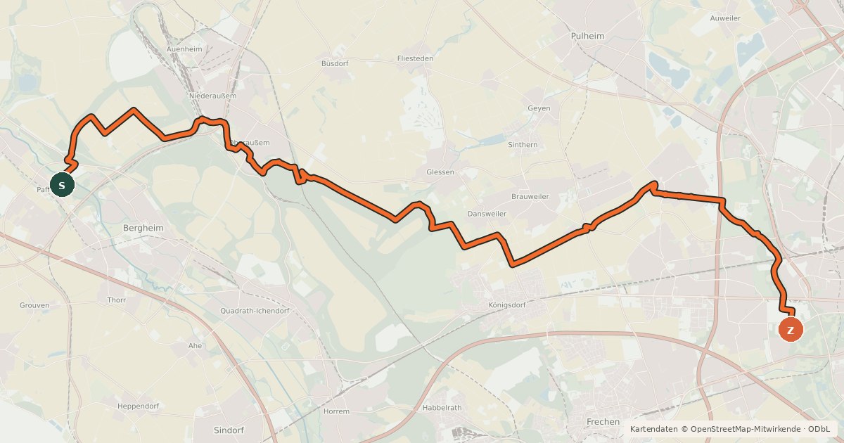 Kartenübersicht der Radroute RegioGrün Erlebnisroute Nordwest Adenauer Weiher - Schloß Pfaffendorf