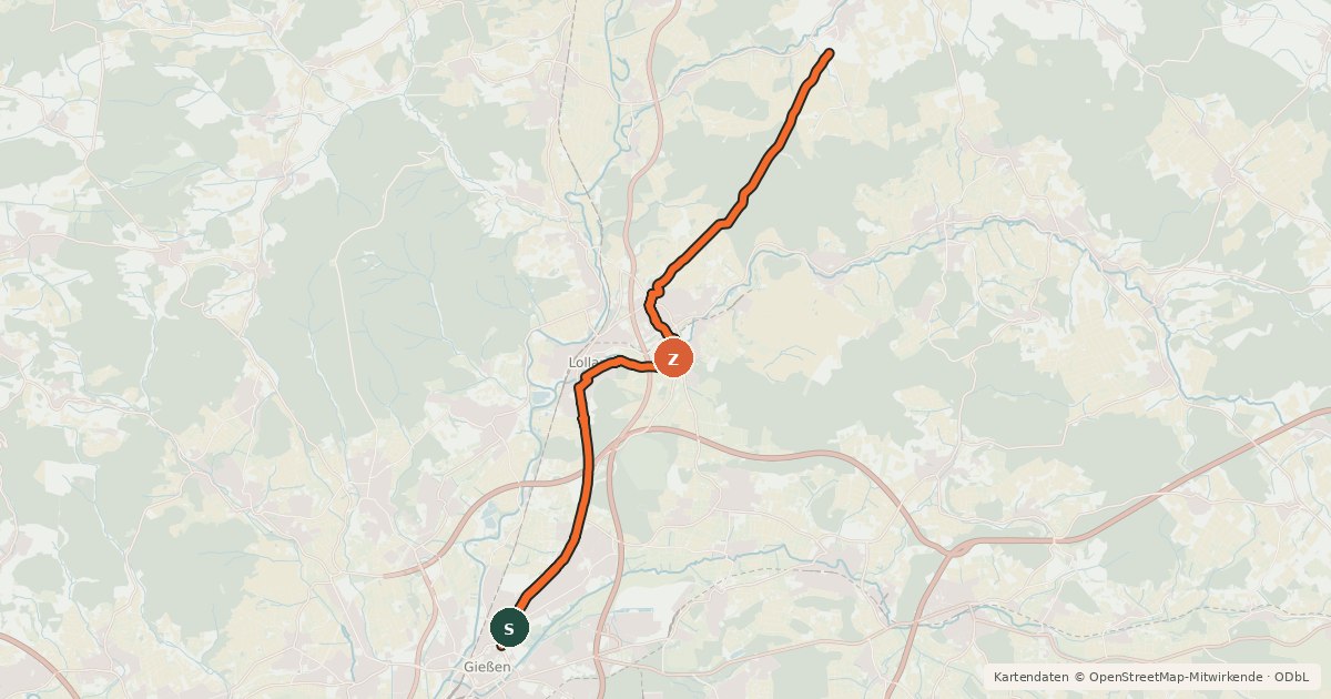 Kartenübersicht der Radroute Regionalweg 1 Gießen-Staufenberg