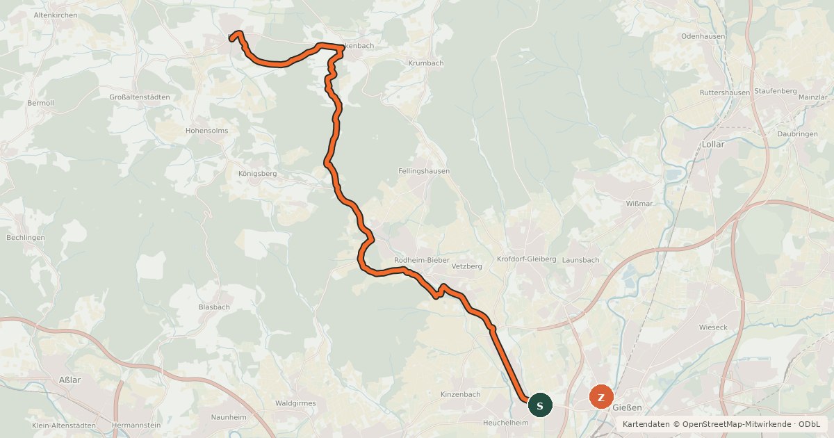Kartenübersicht der Radroute Regionalweg 13 Gießen-Gladenbach