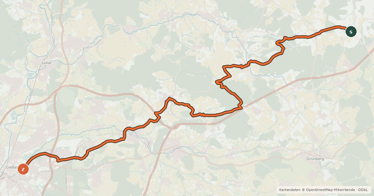 Kartenübersicht der Radroute Regionalweg 3 Gießen-Bersrod