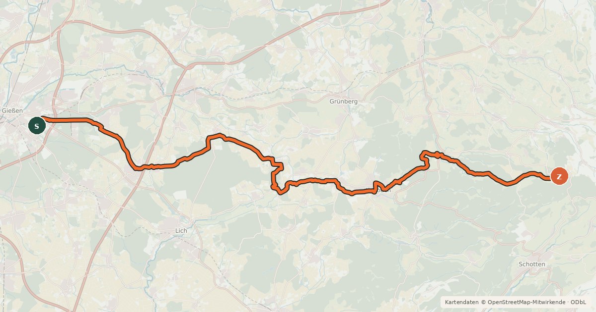 Kartenübersicht der Radroute Regionalweg 4 Gießen - Laubach
