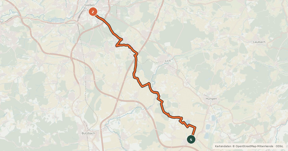 Kartenübersicht der Radroute Regionalweg 6 Gießen-Bellersheim
