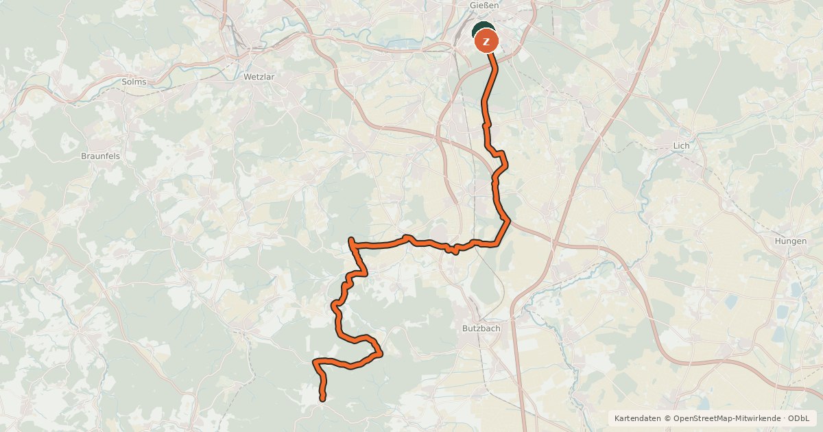 Kartenübersicht der Radroute Regionalweg 8 Gießen Richtung Bodenrod