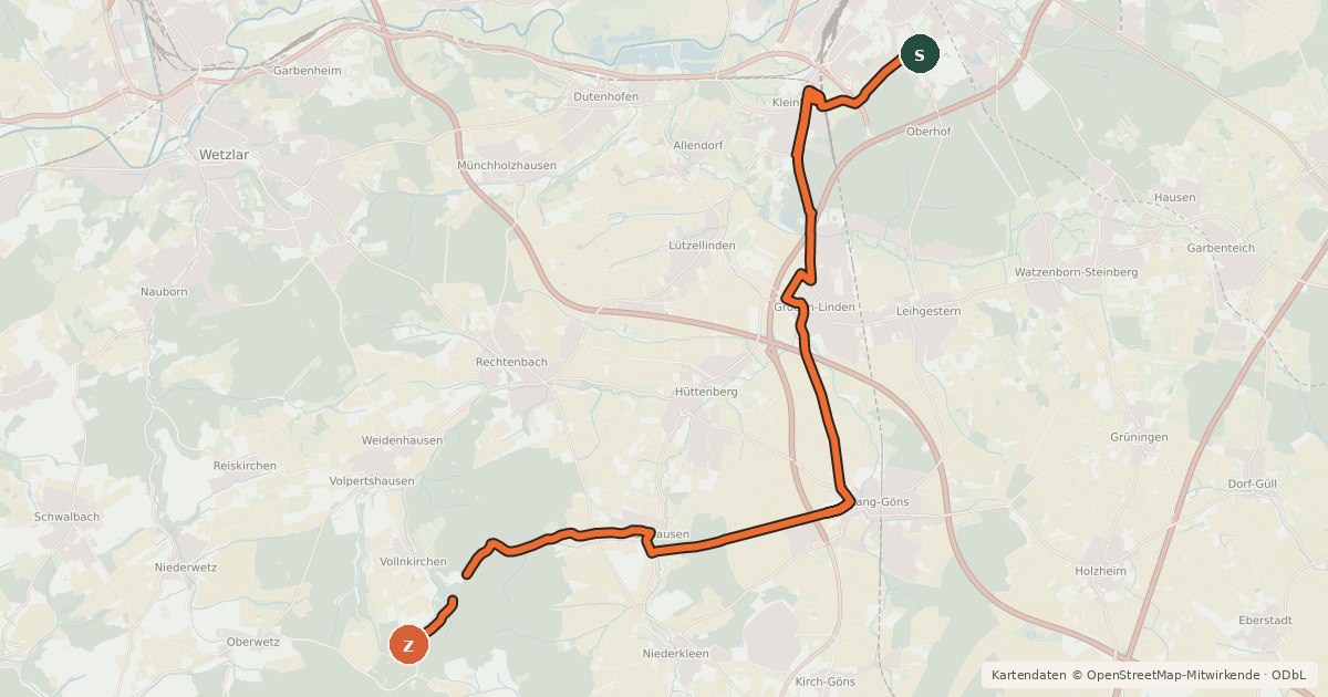 Kartenübersicht der Radroute Regionalweg 9 Gießen - Richtung Langgöns