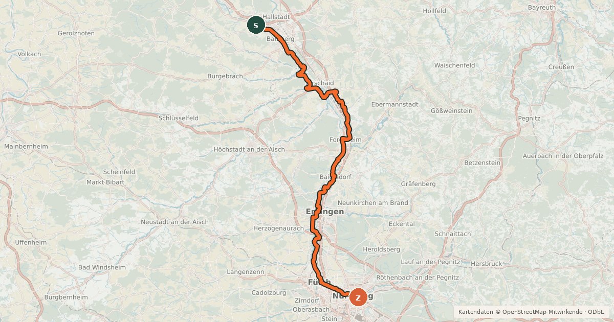 Kartenübersicht der Radroute RegnitzRadweg Talroute