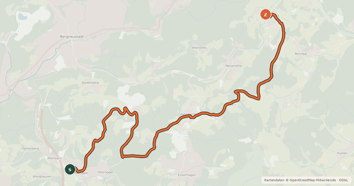 Kartenübersicht der Radroute Reichshof (32) - Bergneustadt (33)