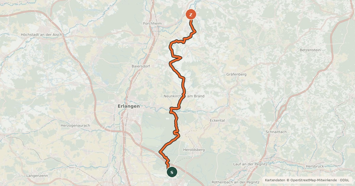 Kartenübersicht der Radroute Reichswald Fränkische Schweiz Radweg