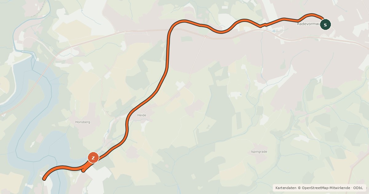 Kartenübersicht der Radroute Remscheid (94) - Radevormwald (95)