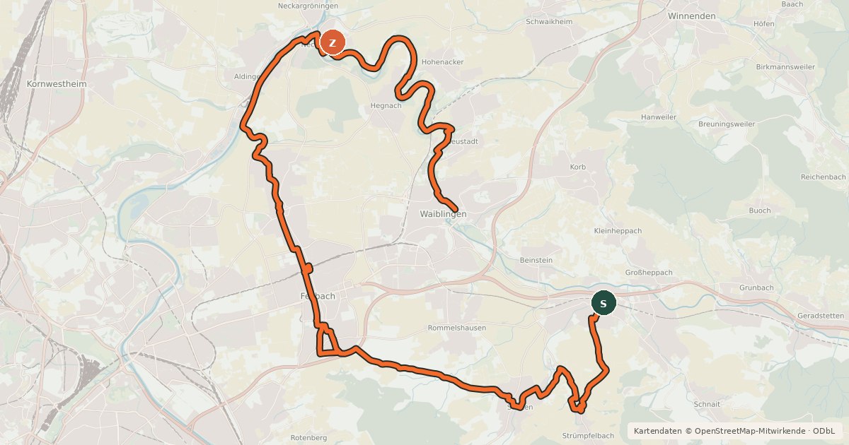 Kartenübersicht der Radroute Remstal-Radweg Etappe 1