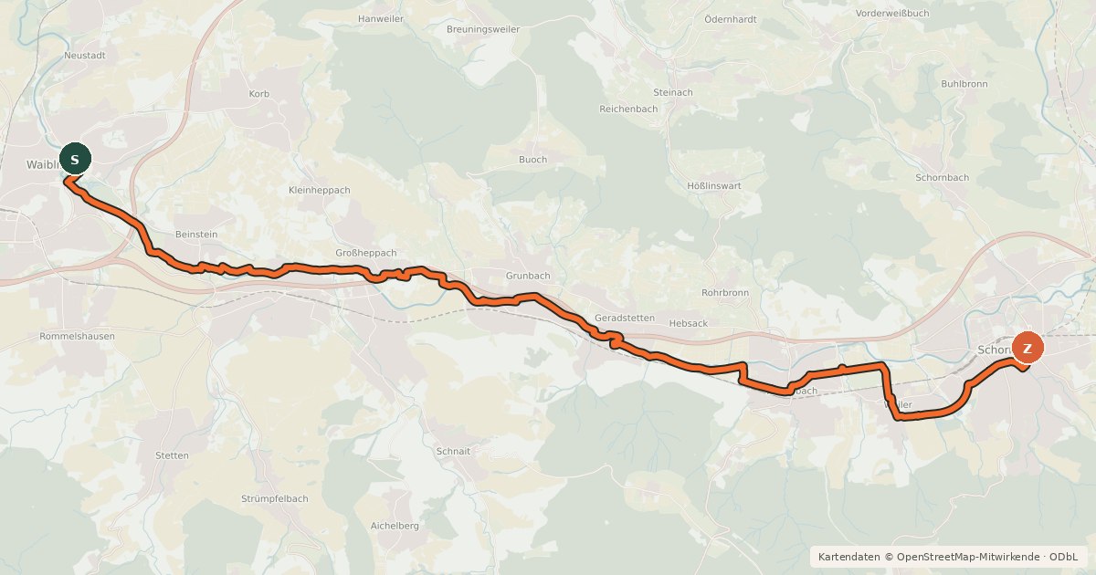 Kartenübersicht der Radroute Remstal-Radweg Etappe 2