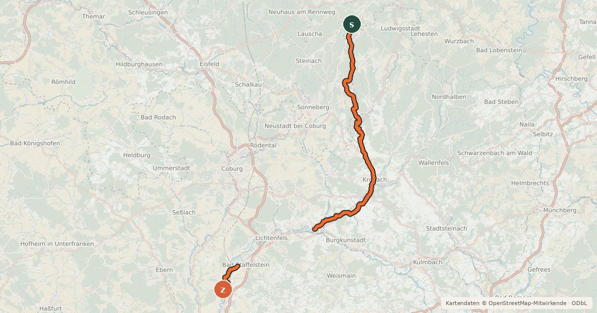 Kartenübersicht der Radroute Rennsteig-Main Lions-Radweg
