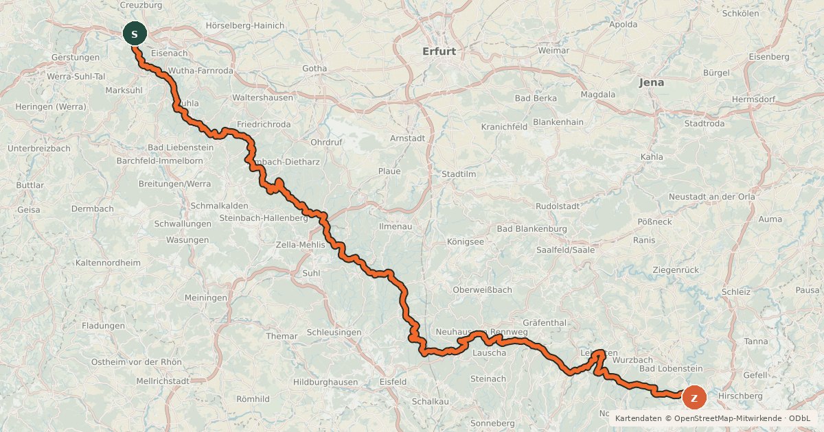 Kartenübersicht der Radroute Rennsteig-Radwanderweg