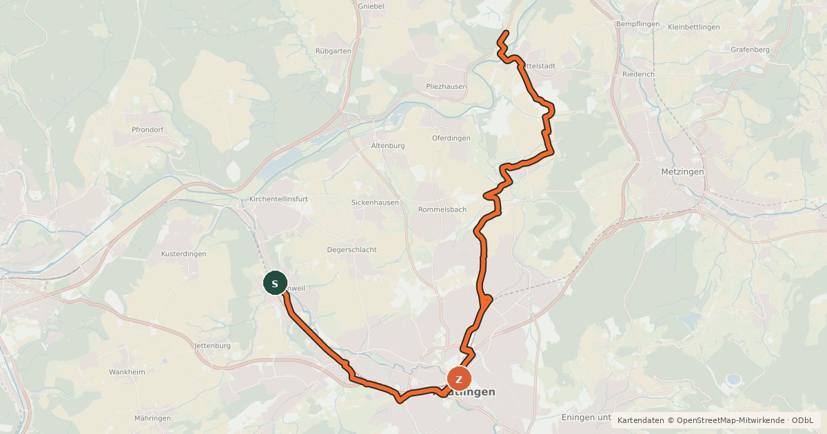 Kartenübersicht der Radroute Reutlingen Rundkurs R18