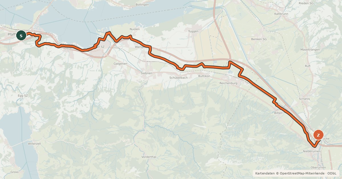 Kartenübersicht der Radroute Rhein-Hirzel-Linth
