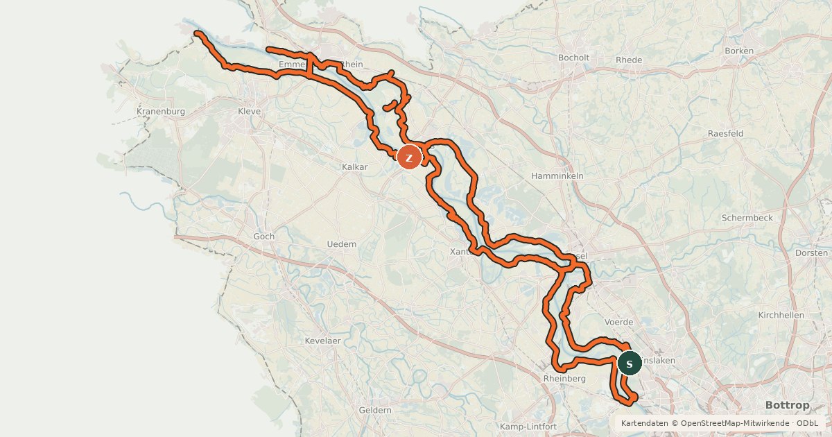 Kartenübersicht der Radroute Rhein-Radweg [Niederrhein]