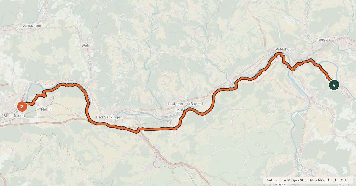Kartenübersicht der Radroute Rhein-Route