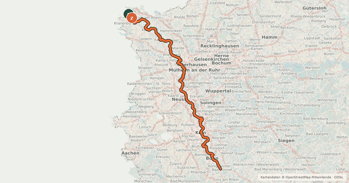 Kartenübersicht der Radroute Rhein-Route D8 [NRW]