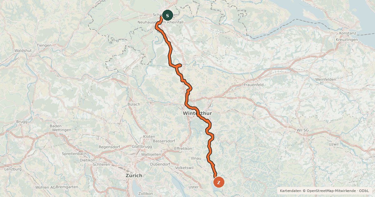 Kartenübersicht der Radroute Rheinfall - Zürcher Oberland