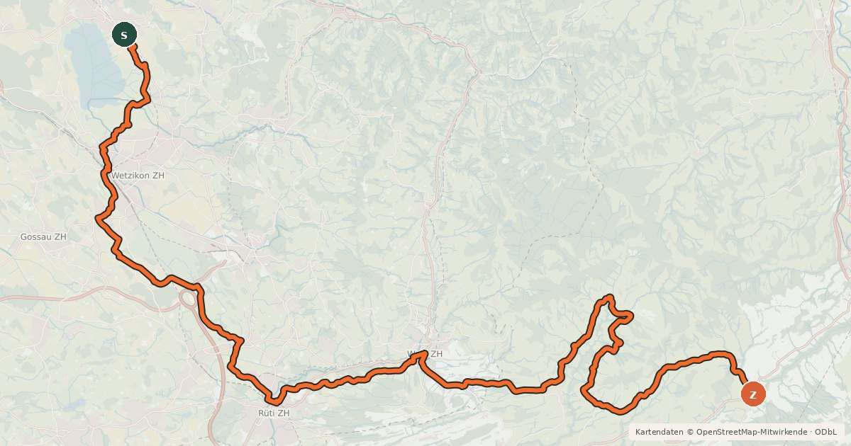 Kartenübersicht der Radroute Rheinfall - Zürcher Oberland - Etappe 2