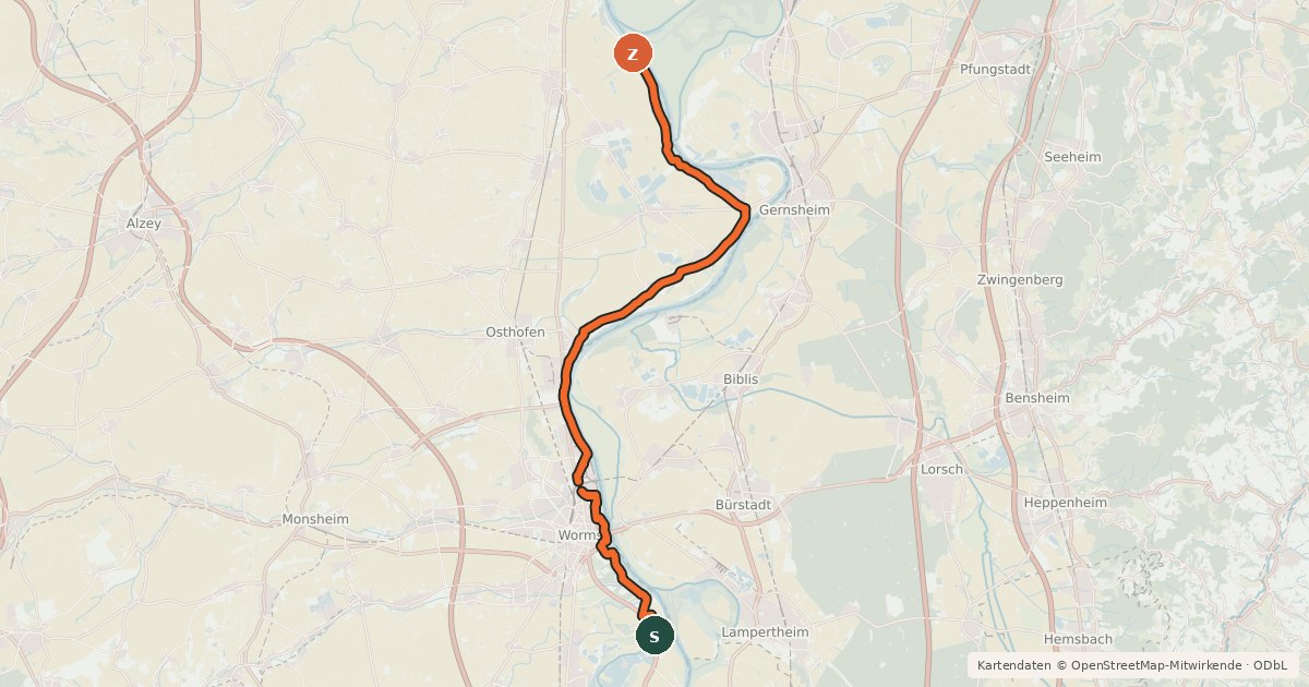 Kartenübersicht der Radroute Rheinland-Pfalz Radroute (Landkreis Alzey-Worms)