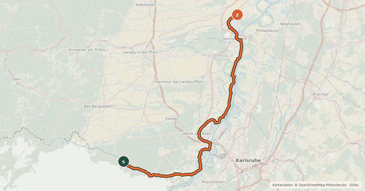 Kartenübersicht der Radroute Rheinland-Pfalz Radroute (Landkreis Germersheim)