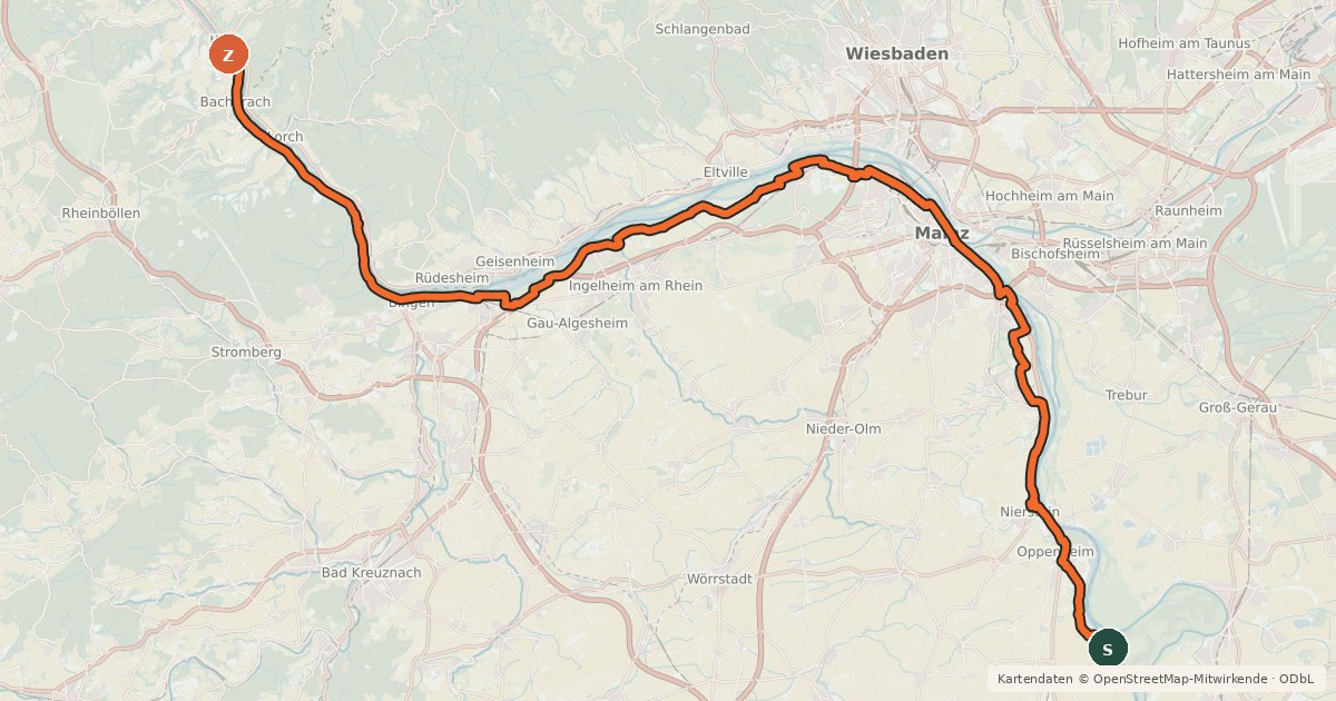 Kartenübersicht der Radroute Rheinland-Pfalz Radroute (Landkreis Mainz-Bingen)