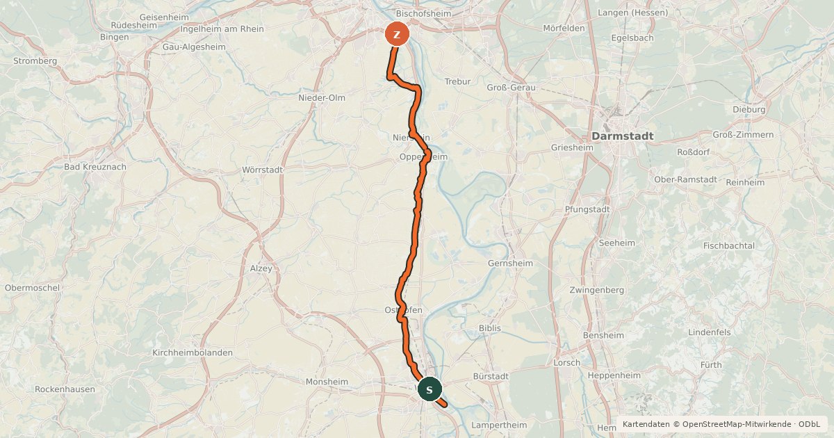 Kartenübersicht der Radroute Rheinterrassenroute