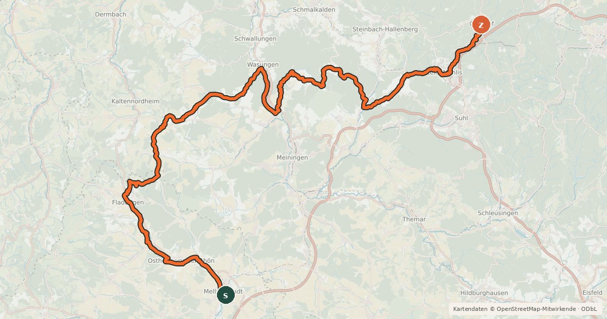 Kartenübersicht der Radroute Rhön-Rennsteig-Radweg