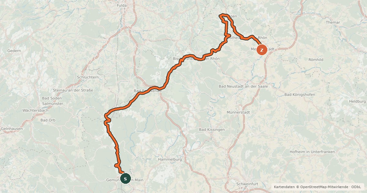 Kartenübersicht der Radroute Rhön-Sinntal Radweg