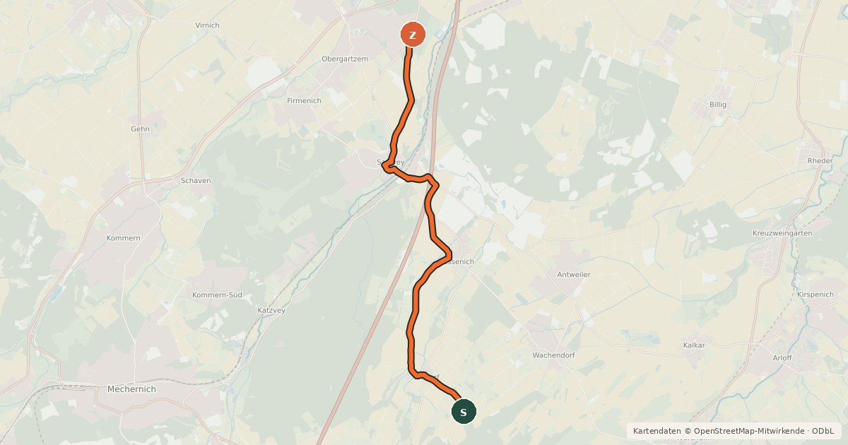 Kartenübersicht der Radroute Rißdorf (55) - Obergartzem (86)