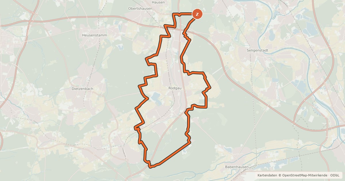 Kartenübersicht der Radroute Rodgau Rundweg