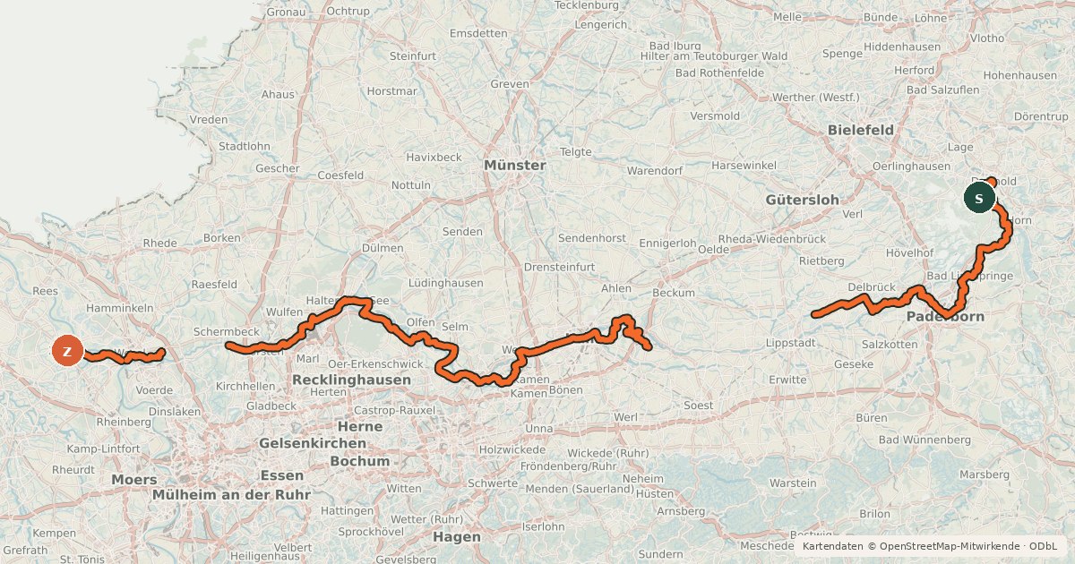 Kartenübersicht der Radroute Römer-Lippe-Route erste Teilstrecke