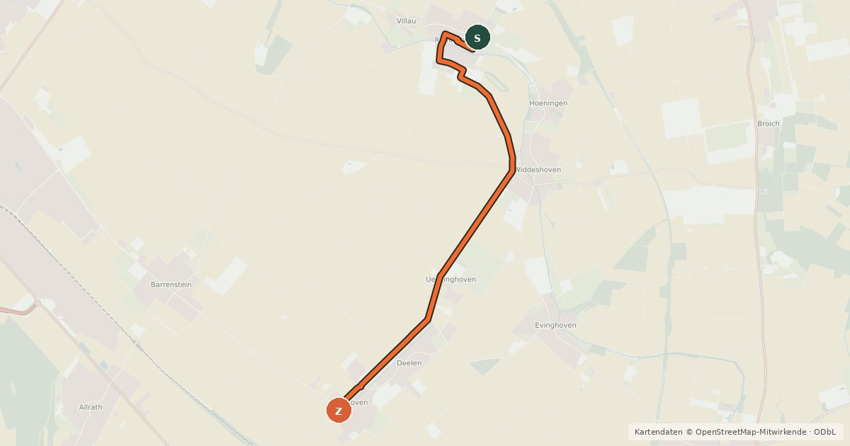 Kartenübersicht der Radroute Rommerskirchen (64) - Rommerskirchen (65)