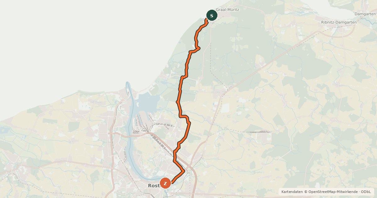 Kartenübersicht der Radroute Rostock - Graal-Müritz