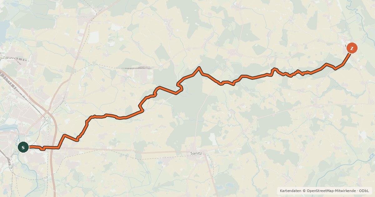 Kartenübersicht der Radroute Rostock-Marlow