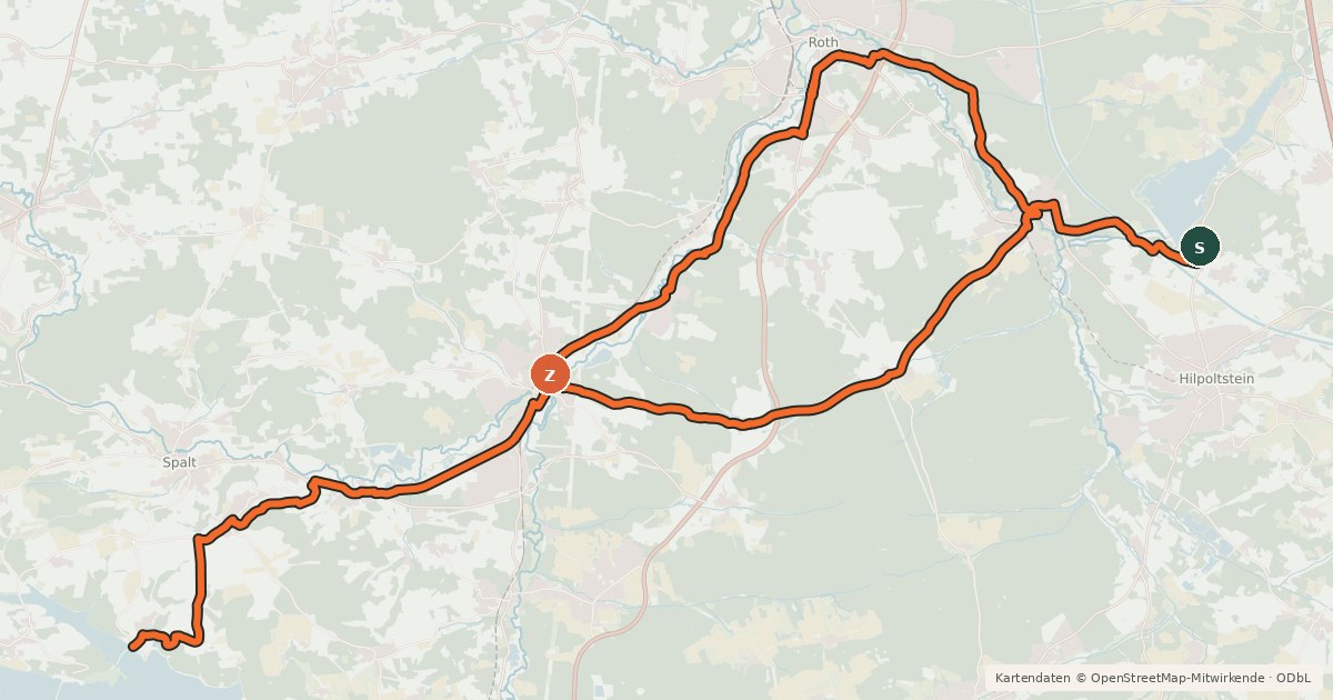 Kartenübersicht der Radroute Rothsee-Brombachsee