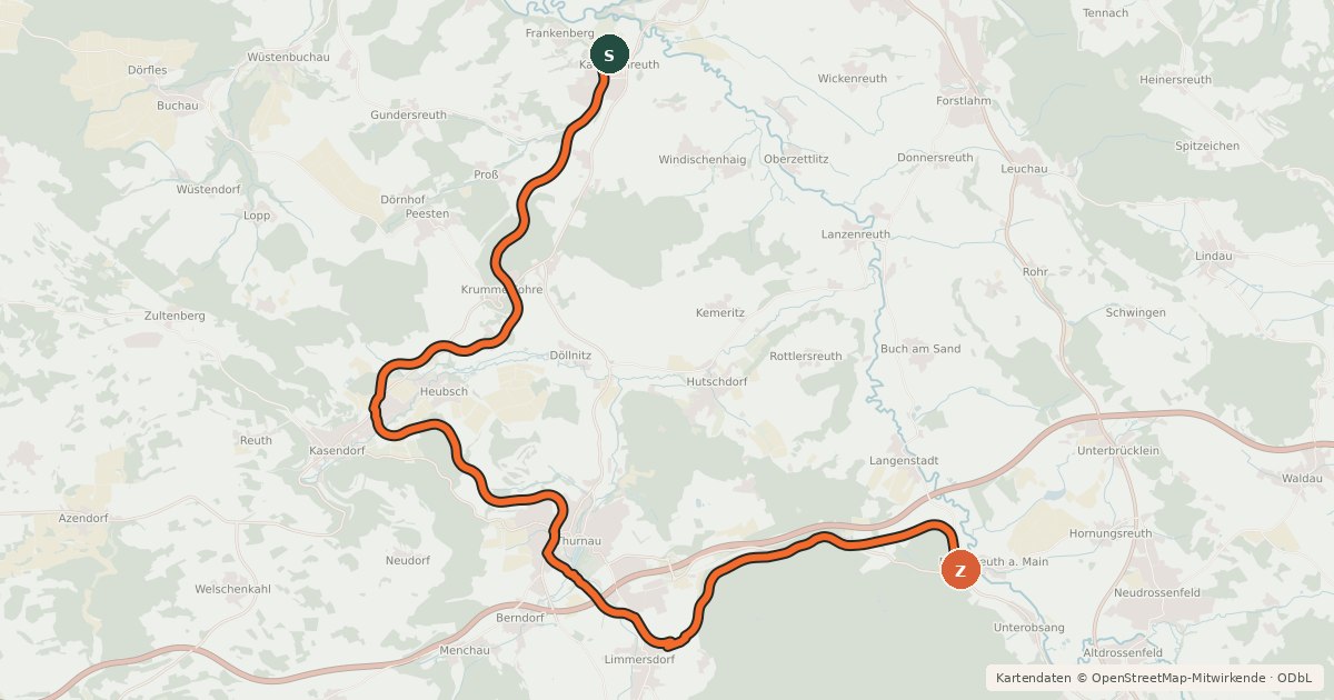 Kartenübersicht der Radroute Rotmain-Radweg (Alternativroute)