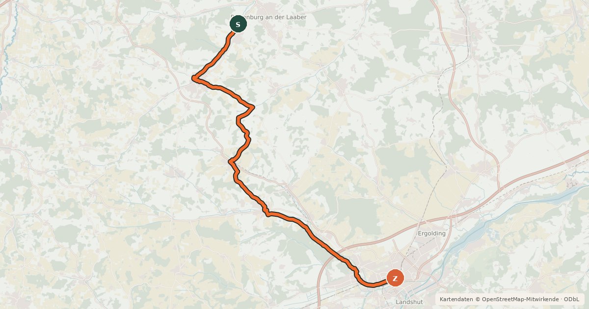 Kartenübersicht der Radroute Rottenburg-Landshut Radweg