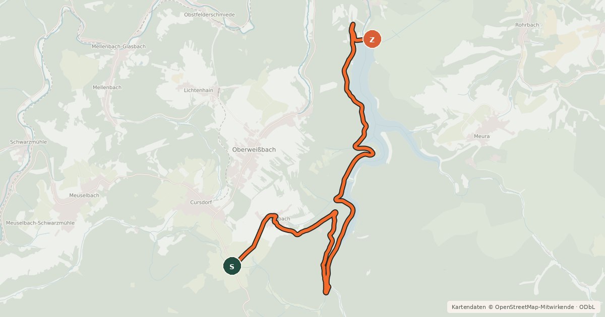 Kartenübersicht der Radroute Route 1 zur Talsperre Lichte/Leibis