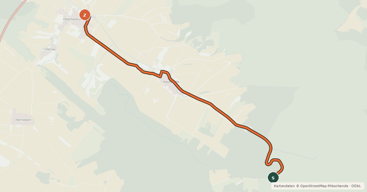 Kartenübersicht der Radroute Route 10-16 Heldrungen-Kammerforst